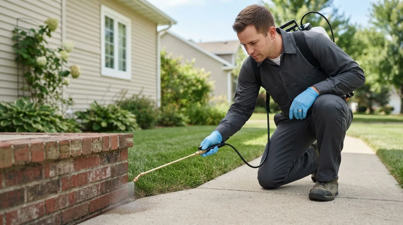 Pest control technician treating a home near Broughton, IL
