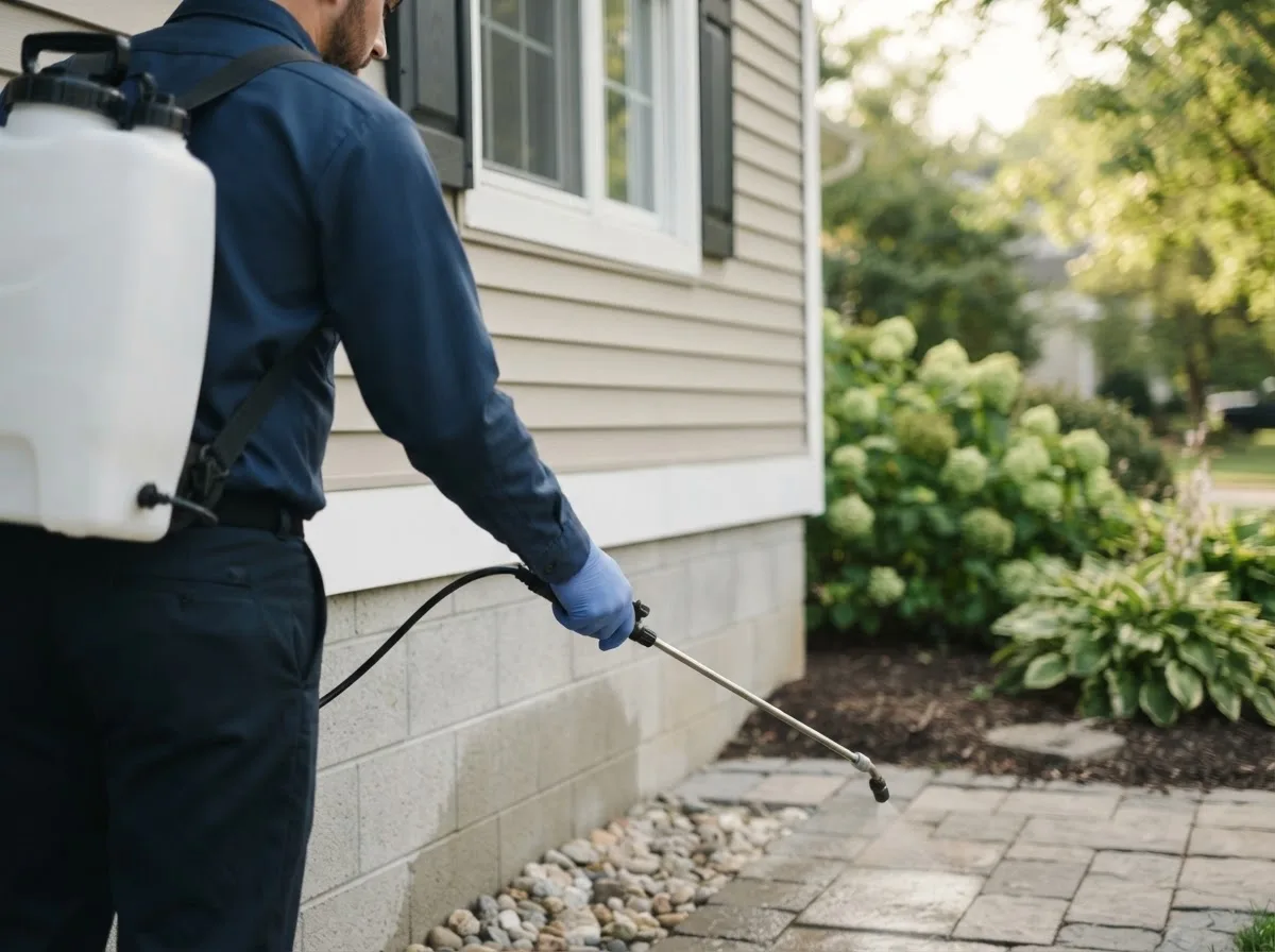 Pest control technician inspecting a home in Broughton, IL